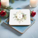 Enkelt Elegant Juli Blommigt Monogram Underlägg Papper Kvadrat<br><div class="desc">Den här vackra botaniska underlägg vintern innehåller buketter av elfenbenst ro och blommor,  röda hollbär,  fikon och guldsnöflingor som omger en elegant guld-etikett för ditt monogram på en grått med blek. Innehåller redigerbar fält.</div>