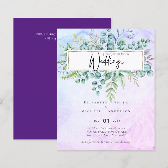 Enkelt Elegant Lila Blue Eucalyptus BUDGET Invit (Fram/baksida)