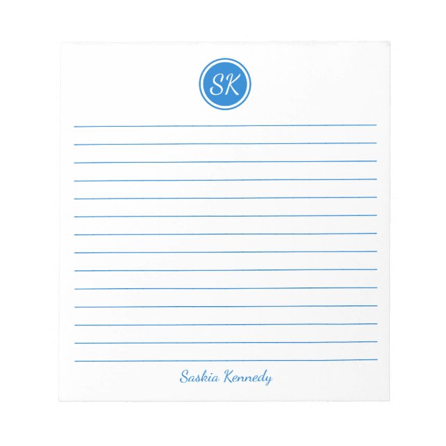Enkelt Elegant Medium Blue Lining Monogram Namn Anteckningsblock (Framsida)