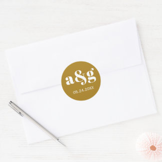 Enkelt, elegant monogram guldbrunt bröllop runt klistermärke