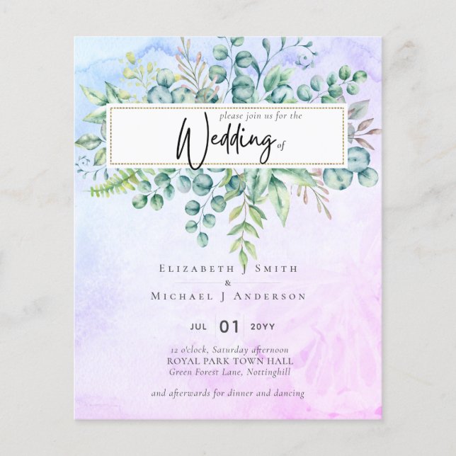 Enkelt Elegant PurpleBlue Eucalyptus BUDGET Inbjud Flygblad (Framsidan)