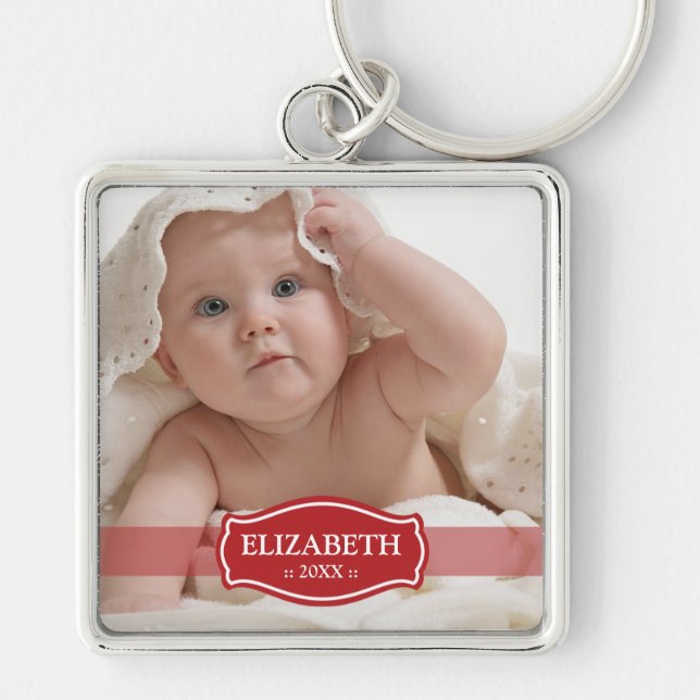 Enkelt eleganta (röda) mommys Keychain, Fyrkantig Silverfärgad Nyckelring (Framsidan)