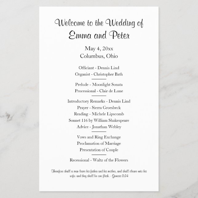 Enkelt ensidigt Pappert Bröllopsprogram i halvlaka (Framsidan)