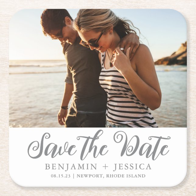 Enkelt ett foto Bröllop spara datum Underlägg Papper Kvadrat (Framsidan)