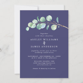 Enkelt Eucalyptus Foliage Navy Blue Bröllop Inbjudningar