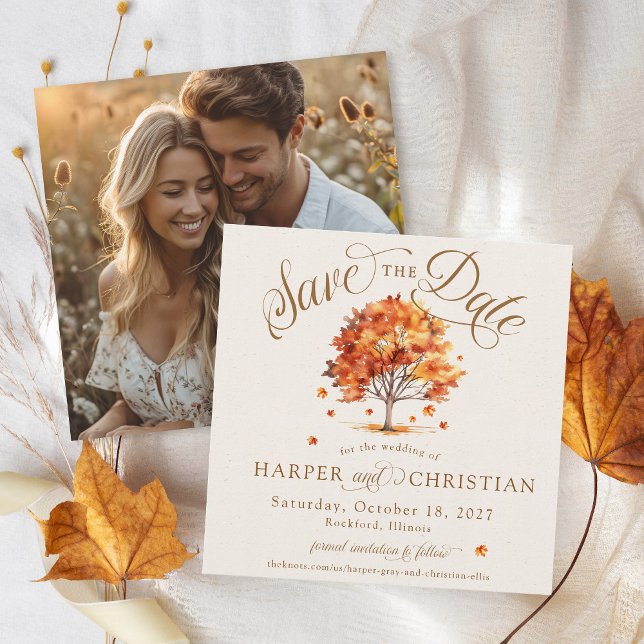 Enkelt fall Löv Träd Beige Foto Hösten Bröllop Spara Datumet (Elegant modern script beige watercolor fall leaf tree simple square photo wedding save the date)