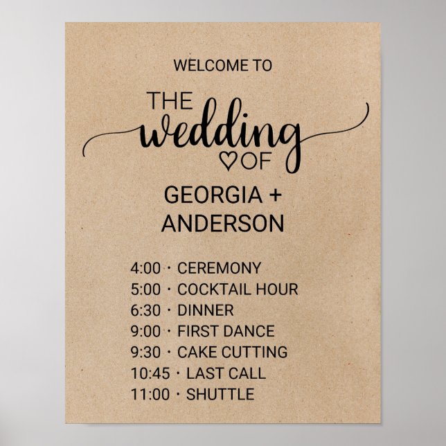 Enkelt Faux Kraft Calligraphy Order of Events Poster (Framsidan)