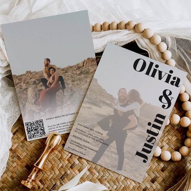 Enkelt fet namn 2-foton Qr-kod bröllop Inbjudningar (Skapare uppladdad)