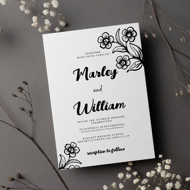 Enkelt fet svart vit typografi blommigt Bröllop Inbjudningar (Simple bold black white typography floral Wedding )