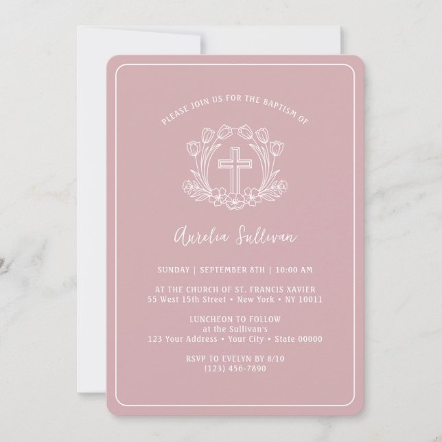 Enkelt Floral Cross på rosa Baptism Inbjudningar (Framsida)