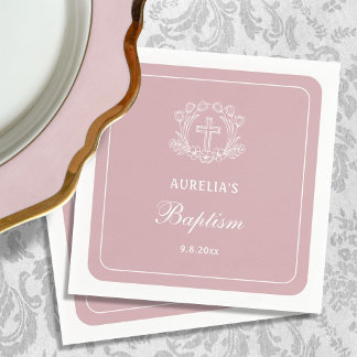 Enkelt Floral Cross på rosa Baptism Pappersservett