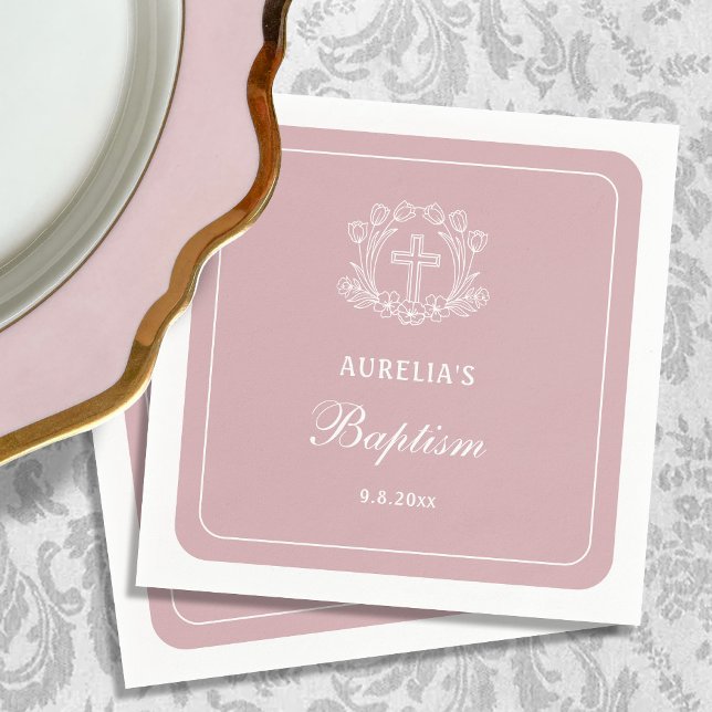 Enkelt Floral Cross på rosa Baptism Pappersservett (Skapare uppladdad)