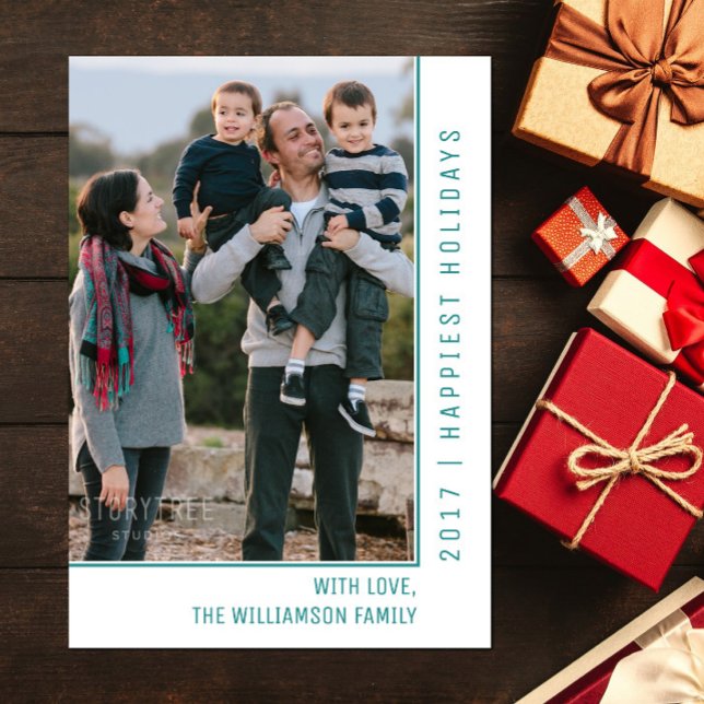 Enkelt fodra krickan för helgdagfotokort | julkort (Teal Simple Line Holiday Photo Card)