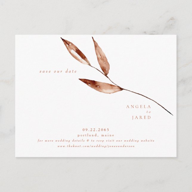 Enkelt Foliage Terracotta Bröllop Spara Date Vykort (Framsida)