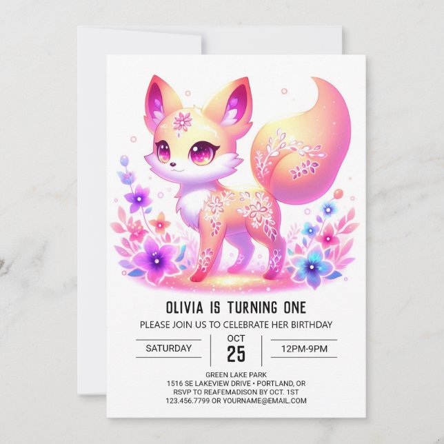 Enkelt Forest Fox Pastel 1:a födelsedagen Inbjudningar (Framsida)