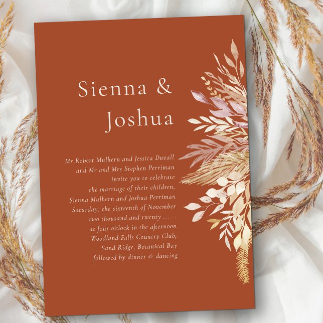 Enkelt formellt Terracotta Cream Botanical Bröllop Inbjudningar (Terracotta wedding invitation with fall foliage and elegant combo of modern and formal wording)