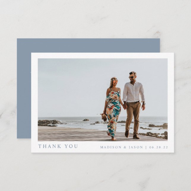 Enkelt foto Dusty Blue Bröllop Tack Kort (Fram/baksida)