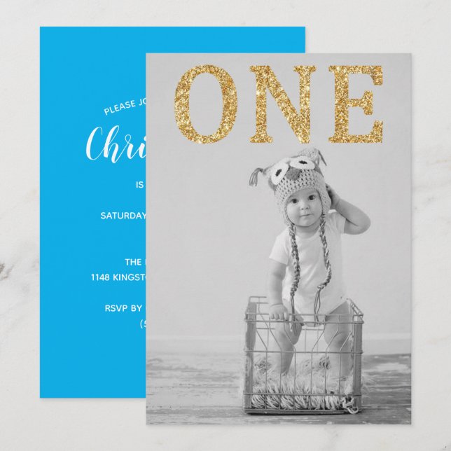 Enkelt foto Guld Glitter 1:a födelsedag Inbjudningar (Fram/baksida)
