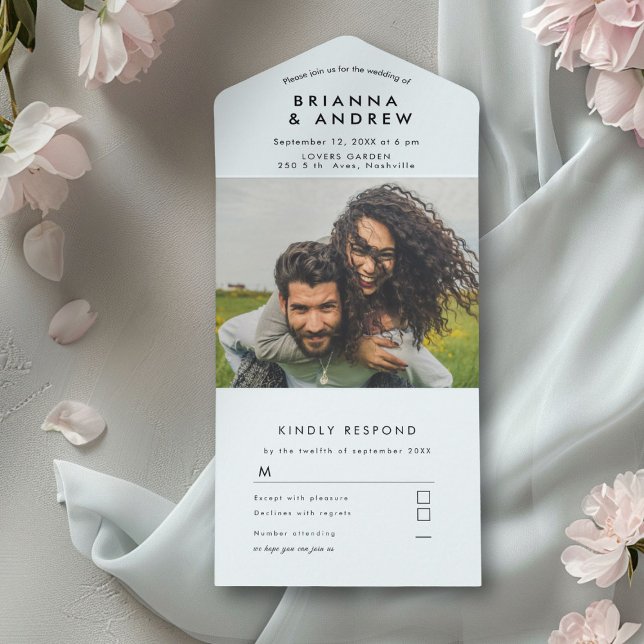 Enkelt foto i en bröllopsinbjudan (Modern photo all in one wedding card invitation)