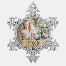 Enkelt fotoår snöflinga pewter julgransprydnad