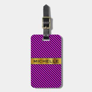 Enkelt fuchsia- & svartrandmönster + Namn Bagagebricka