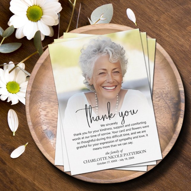 Enkelt funktionsfoto tack kort (Simple photo funeral flat thank you notes with your personalized message.)
