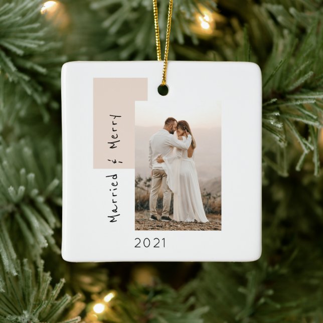 Enkelt gift och merry Photo Newlyed Julgransprydnad Keramik (Träd)