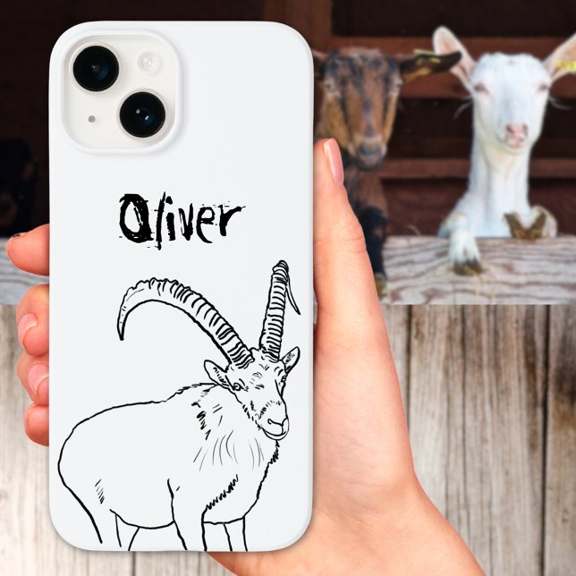 Enkelt Goat Sketch Black and White Namn (Funny goat illustration black and white quirky farm animal with custom name phone case)