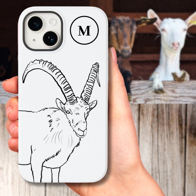 Enkelt Goat Teckning Black and White Monogram (Minimlist goat drawing black and white monogram custom iPhone case)
