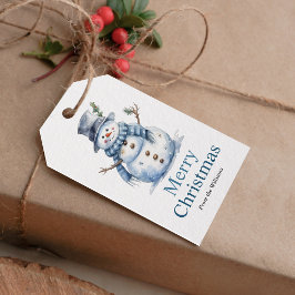 Enkelt God jul Blue Watercolor Snögubbe Presentetikett