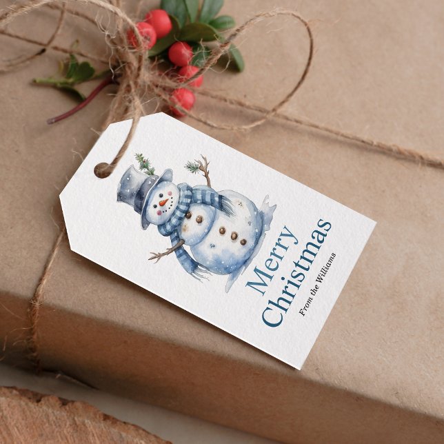 Enkelt God jul Blue Watercolor Snögubbe Presentetikett (Add an extra touch of charm to your holiday gift-giving with this warm, festive gift tag!)
