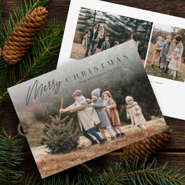 Enkelt God jul Script 3-foto Julkort (Modern script typography merry christmas photo christmas holiday card.)
