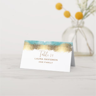 Enkelt golden foil och akvblått gräns minimalistis placeringskort