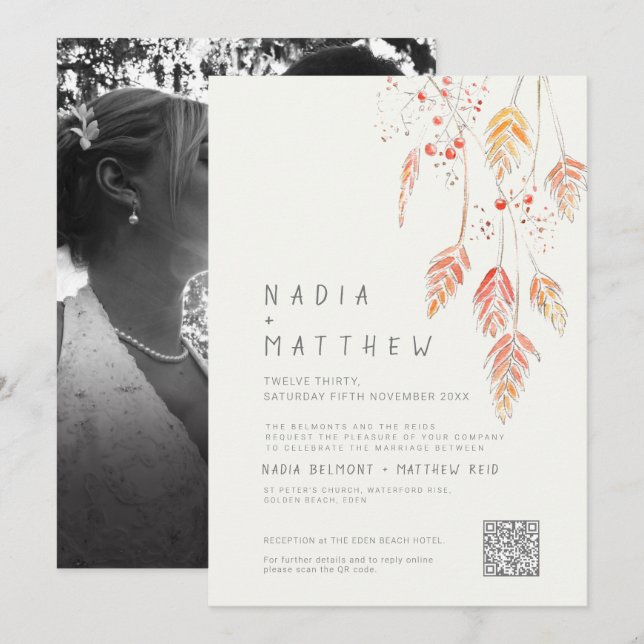 Enkelt gräs och bär faller skiss till bröllop inbjudningar (Fram/baksida)