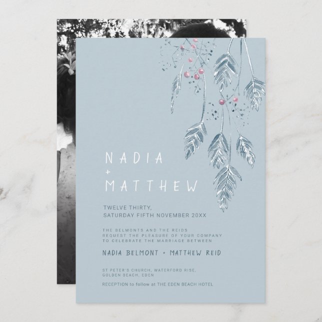 Enkelt gräs och bär, sketch fotodammig blått inbjudningar (Fram/baksida)