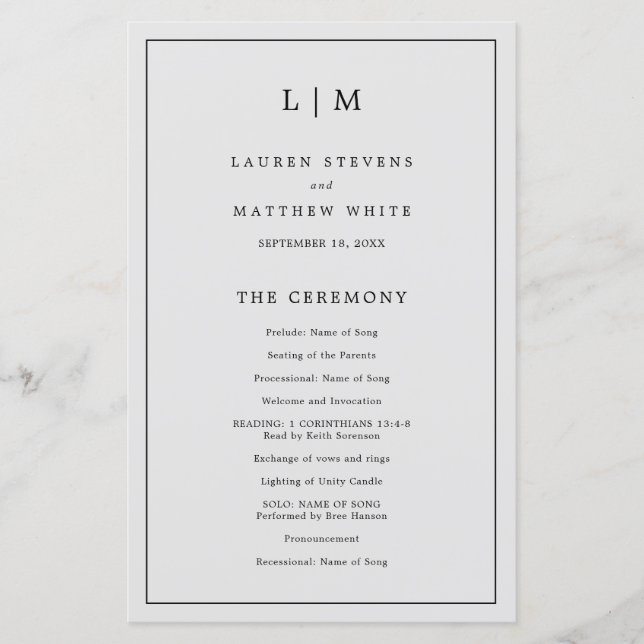 Enkelt Grått Monogram Elegant bröllop-program (Framsida)