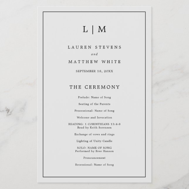 Enkelt Grått Monogram Elegant bröllop-program Flygblad (Framsidan)