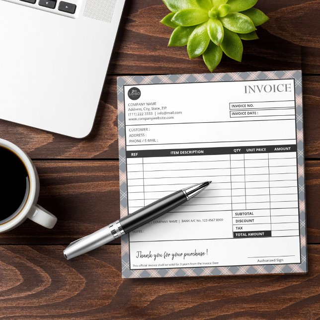 Enkelt Grått Play Gräns Business Fvoice-formulär Anteckningsblock (Simple Grey Plaid Border Business Invoice Template)