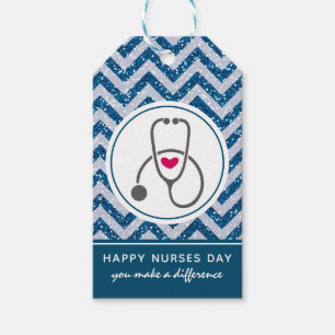 Enkelt Grått Stethoscope på Blue Chevron Nurses Da Presentetikett
