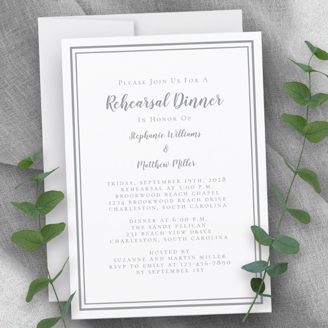 Enkelt Grått White Bröllop Rehearsal Middag Inbjudningar (Simple Gray White Wedding Rehearsal Dinner Invitation)