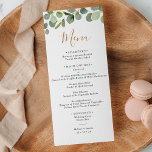 Enkelt Greenery Eucalyptus Meny<br><div class="desc">Det här anpassadet Menu är designat att samordna med vår samling av blandat grönt bröllop och har en vattenfärgad grönaktig löv med guld och grått och en guld ram på baksidan. Om du vill göra avancerade ändringar går du till alternativet "Klicka för att anpassa ytterligare" under Anpassa den här mallen....</div>