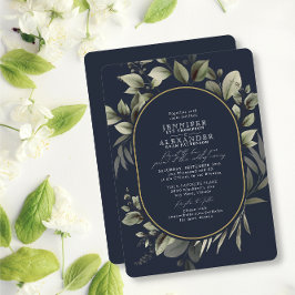 Enkelt Grey Eucalyptus Mörk Navy Guld Bröllop Inbjudningar