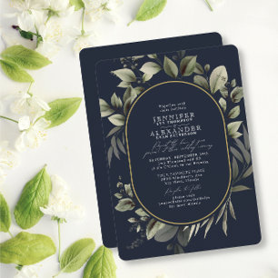 Enkelt Grey Eucalyptus Mörk Navy Guld Bröllop Inbjudningar