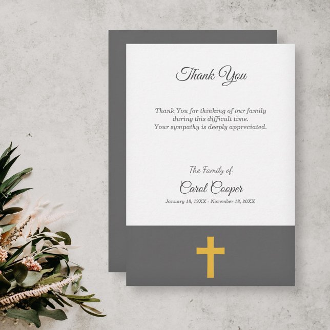 Enkelt, Grönt, Guld Kor Begravt tackkort Tack Kort (Simple, Green, Gold Cross Funeral Thank You Card)