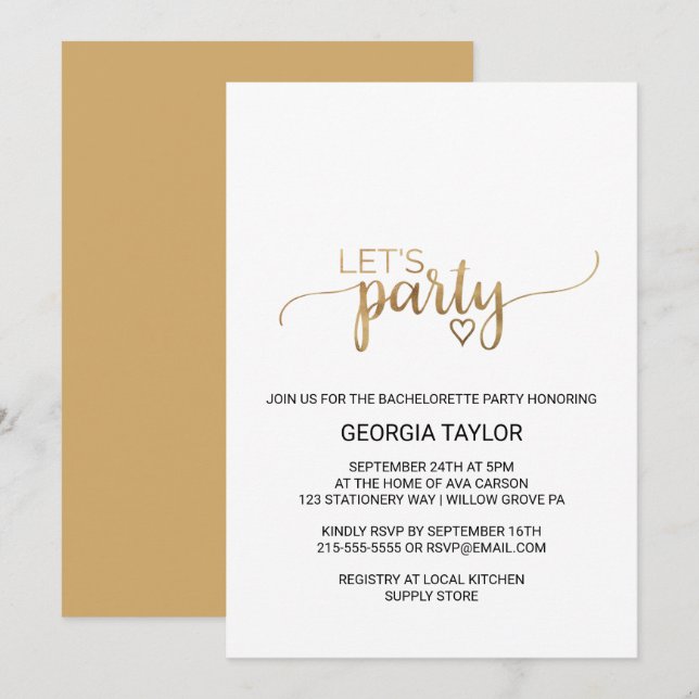Enkelt Guld Calligraphy Bachelorette Party Inbjudningar (Fram/baksida)