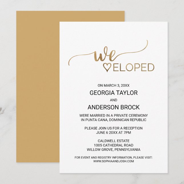 Enkelt Guld Calligraphy Elopement Inbjudningar (Fram/baksida)