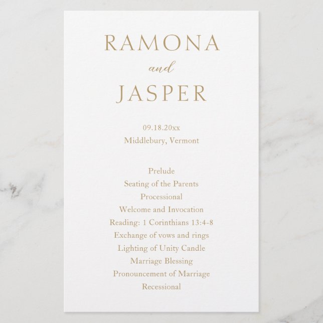 Enkelt Guld djärvt modernt Bröllopsprogram (Framsidan)