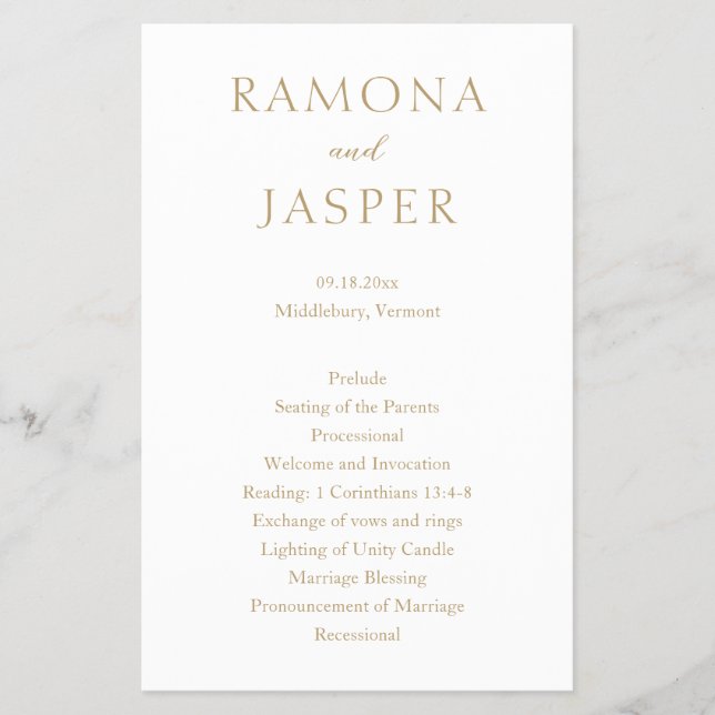 Enkelt Guld djärvt modernt Bröllopsprogram (Framsidan)