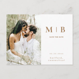 Enkelt Guld Monogram White Photo Save Date Vykort