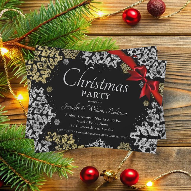 Enkelt Guld & Silver Snöflingor Julafton Helgdag B Inbjudningar (Simple Gold & Silver Snowflakes Xmas Holiday Black Invitation)